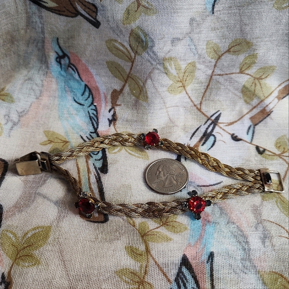 Dual Strand Braided Sterling Vintage Gold Wash Slide Bracelet Red & Gray Stones - Picture 6 of 15